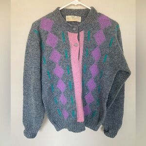 Braemar Womens Sweater L Pure Wool Geometric Design Pink Purple Gray Preppy